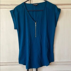 Express Blue Asymmetrical Blouse with Cap Sleeves